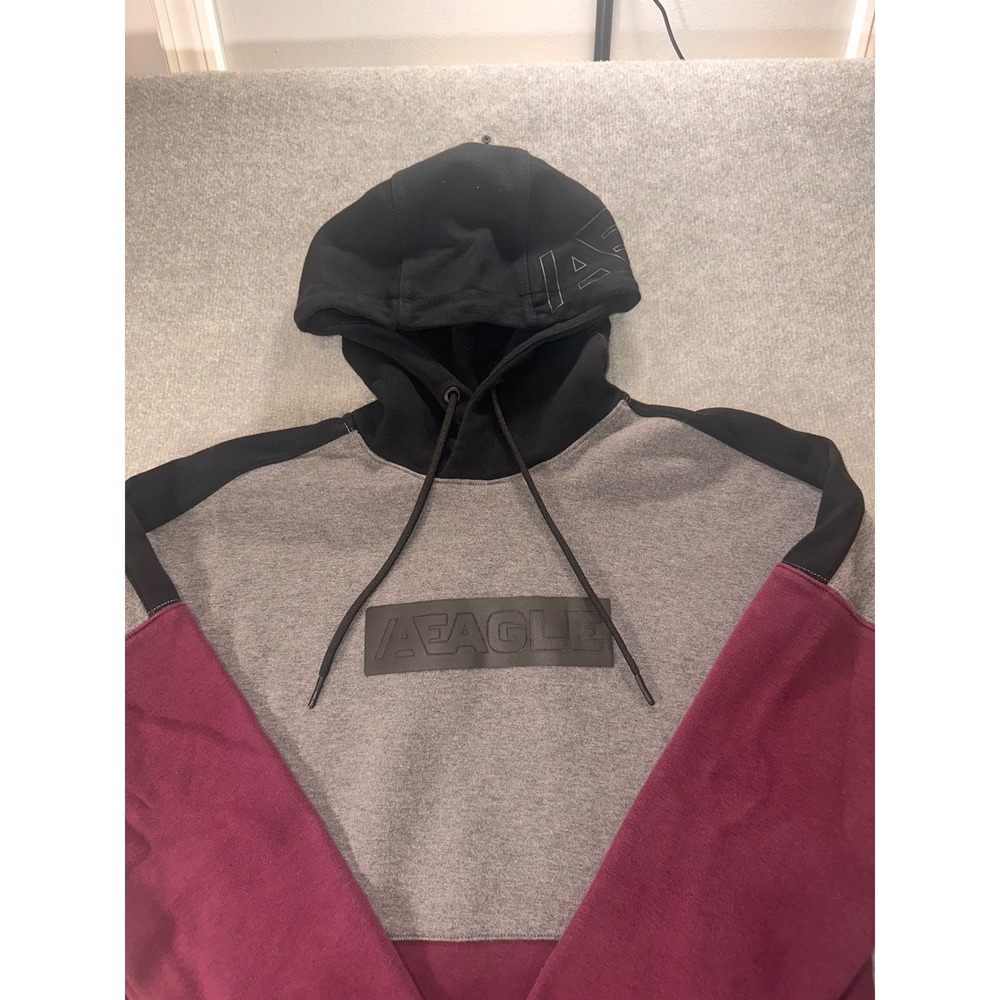 American Eagle Mens Colorblock Hoodie Black Grey Burgundy Logo Pullover Small
